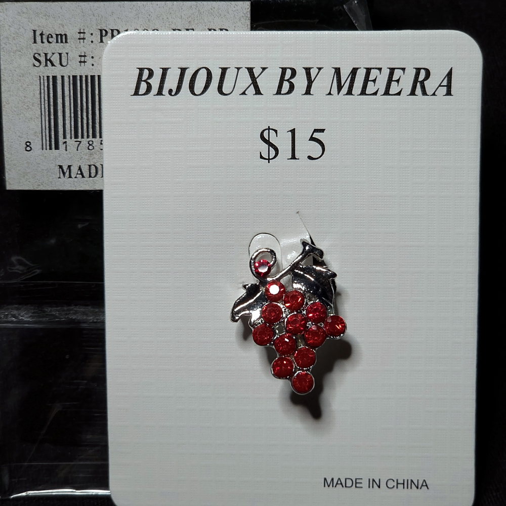 Vintage Bijoux by Meera ~ Red Rhinestone Grape in Silver tone Small Brooch Pin